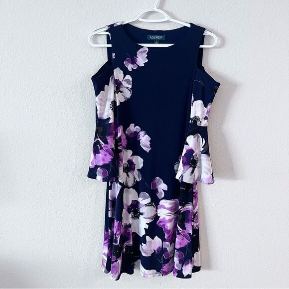 Lauren Ralph Lauren Dresses & Skirts - Lauren Ralph Lauren Womens Navy Purple Floral Cold Shoulder Print Dress Size 2